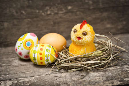 Easter eggs on wooden backgroundの写真素材