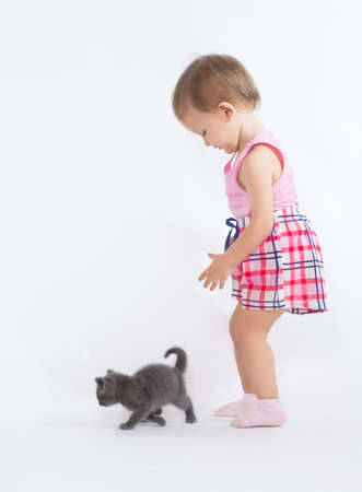 Girl two years playing with a kittenの写真素材