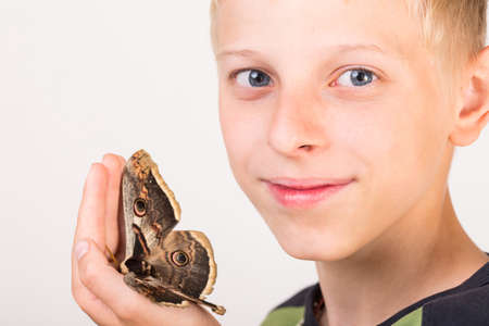Butterfly Saturnia on the child's hand