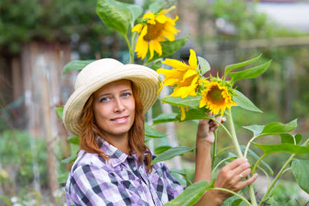 Woman with sunflowers in the gardenの写真素材