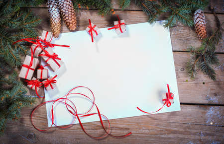 Christmas background with decorations  on wooden board