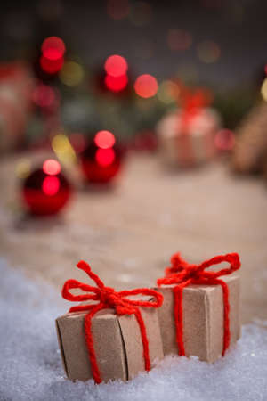 Christmas background with decorations  on wooden board