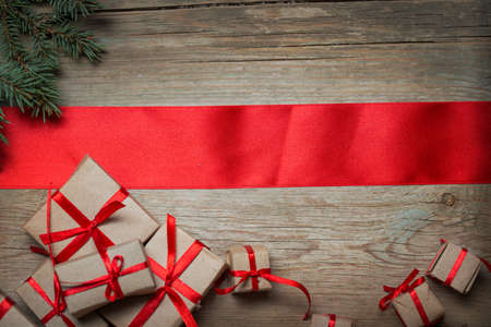 Christmas background with decorations  on wooden boardの写真素材