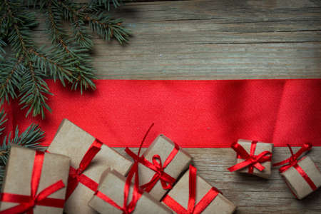 Christmas background with decorations  on wooden boardの写真素材