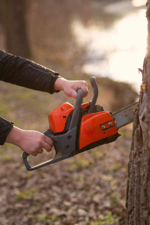male hands holding a chainsawの写真素材