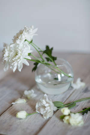 A bouquet of white flowers on white boardsの写真素材