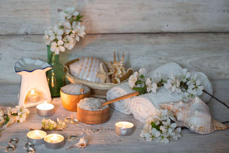 Items for spa, towels and candlesの写真素材