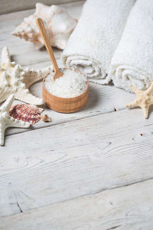 Items for spa, towels and saltの写真素材
