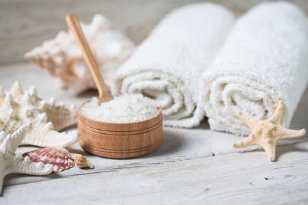 Items for spa, towels and saltの写真素材