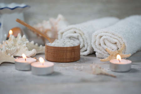 Items for spa, towels and candlesの写真素材