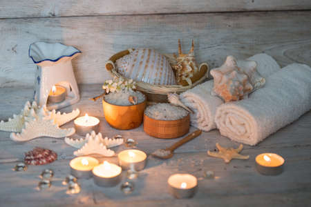 Items for spa, towels and candlesの写真素材