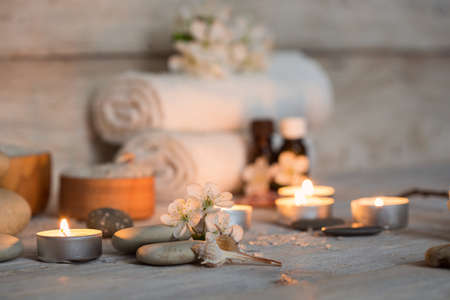 Items for spa, towels and candlesの写真素材