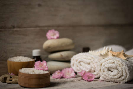Items for spa, towels and candlesの写真素材
