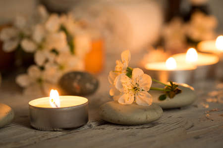 Items for spa, towels and candlesの写真素材