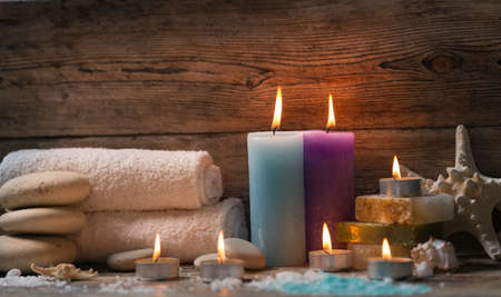 Items for spa, towels and candlesの写真素材