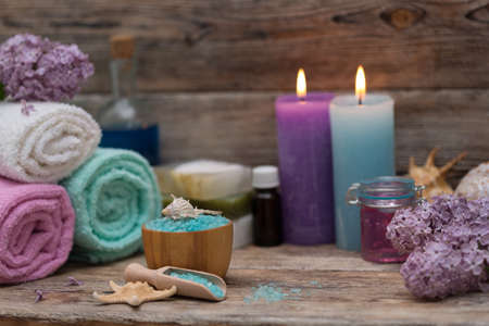 Items for spa, towels and candlesの写真素材