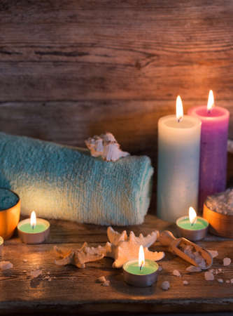 Items for spa, towels and candlesの写真素材