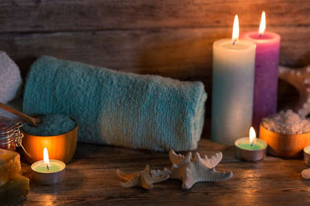 Items for spa, towels and candlesの写真素材