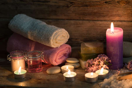 Items for spa, towels and candlesの写真素材