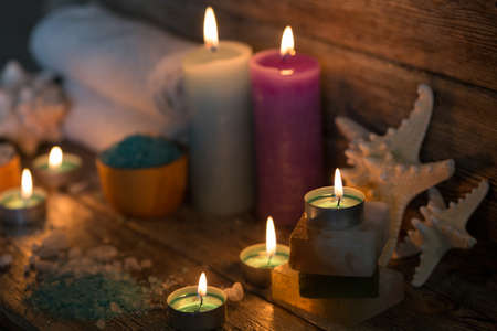 Items for spa, towels and candlesの写真素材