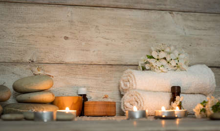 Items for spa, towels and candles の写真素材