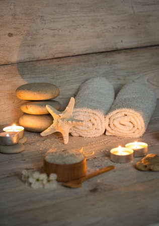 Items for spa, towels and candlesの写真素材