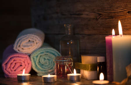 Items for spa, towels and candlesの写真素材