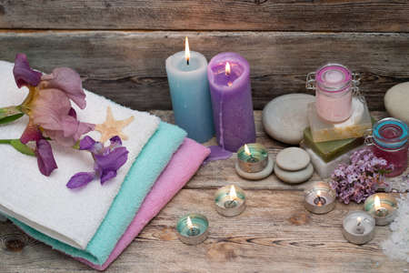 Items for spa, towels and candlesの写真素材