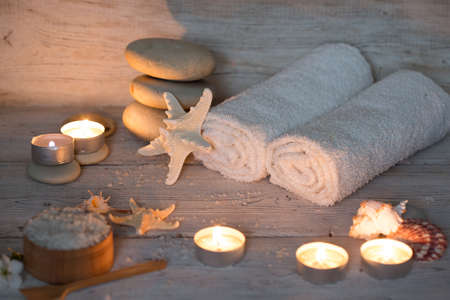 Items for spa, towels and candlesの写真素材