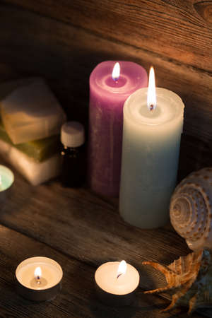 Items for spa, towels and candlesの写真素材