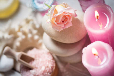 Beautiful composition of spa treatment on white wooden tableの写真素材