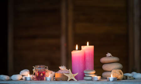 Beautiful composition of spa treatment on white wooden tableの写真素材