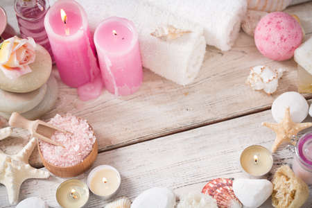 Beautiful composition of spa treatment on white wooden tableの写真素材