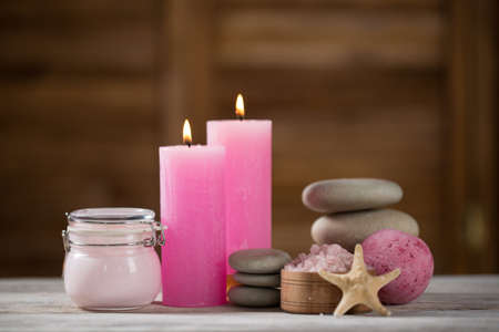 Beautiful composition of spa treatment on white wooden tableの写真素材