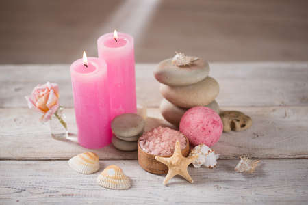 Beautiful composition of spa treatment on white wooden tableの写真素材