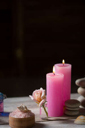 Beautiful composition of spa treatment on white wooden tableの写真素材