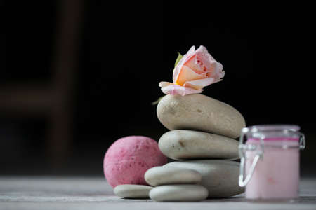 Beautiful composition of spa treatment on white wooden tableの写真素材