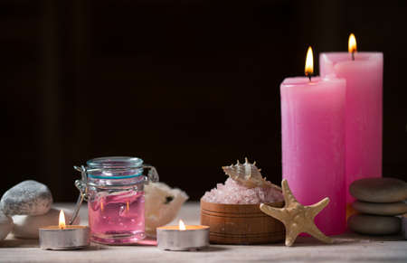 Beautiful composition of spa treatment on white wooden tableの写真素材