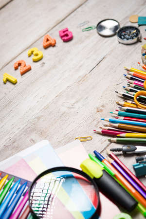 Items for children's creativity, School supplies on the tableの写真素材