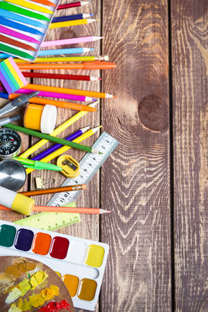 Items for children's creativity, School supplies on the table
