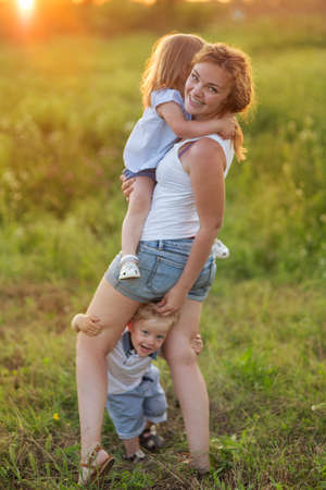 Large family with children, Outdoorsの写真素材