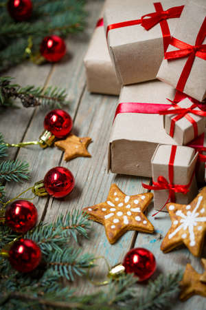Christmas background on wooden boardsの写真素材