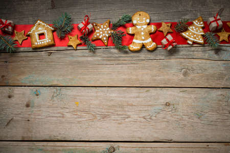 Christmas background on wooden boardsの写真素材