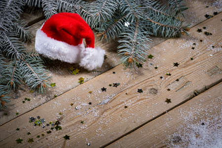 Christmas background on wooden boardsの写真素材