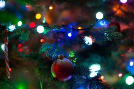Merry Christmas! Decoration on a Christmas tree with lights.の写真素材