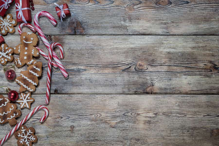Beautiful christmas background on old wooden boardsの写真素材