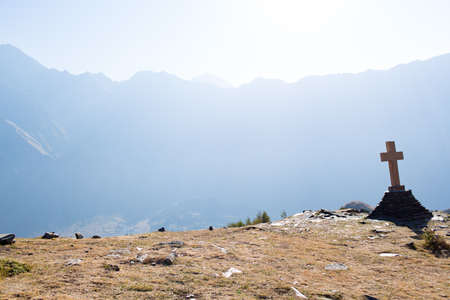 Orthodox cross near the Church of the Holy Trinity, Stepantsminda Georgiaの写真素材