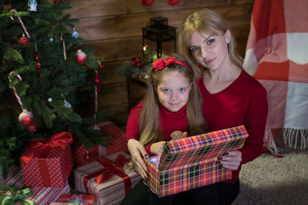 Mom and daughter meet a happy Christmas , family in a room with Christmas fir tree and gifts の写真素材