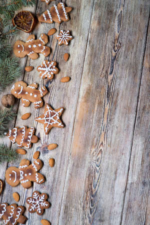 Homemade Christmas cookies on a wooden old table. Happy Christmas!の写真素材