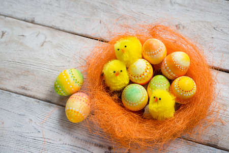 Easter eggs on wooden, Painted Easter eggs on old boards , Easter background